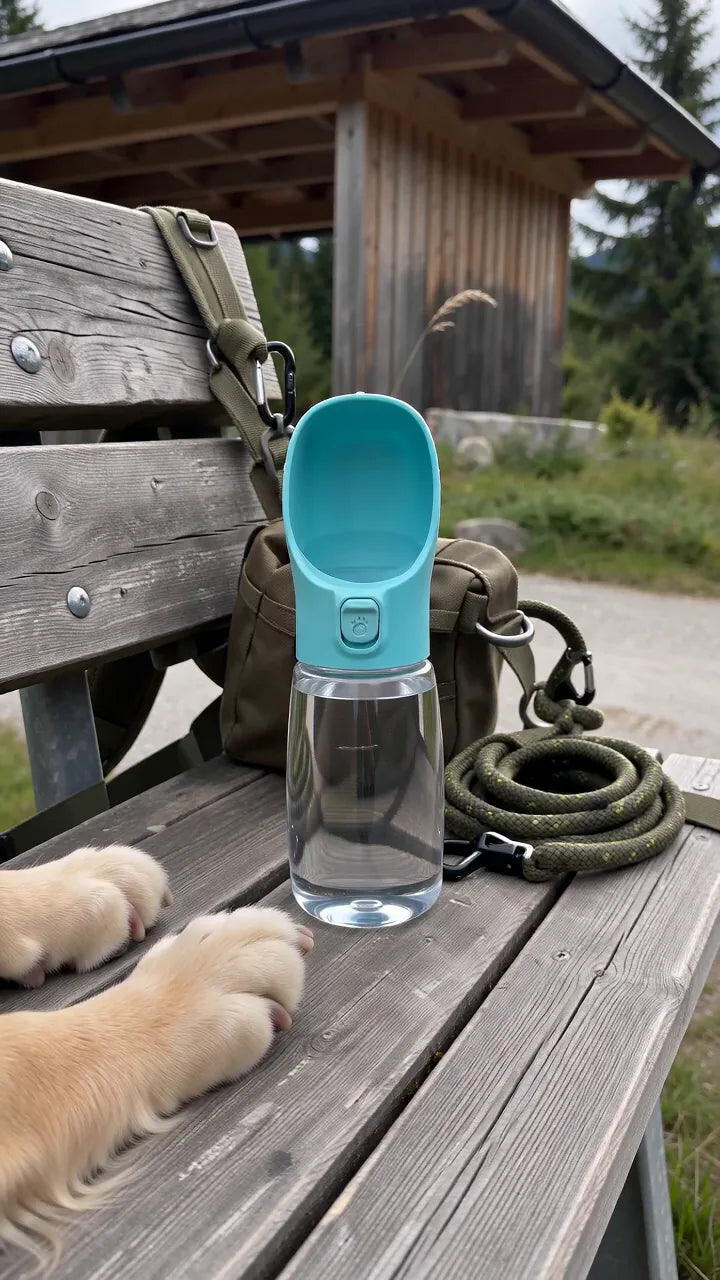 Die Trinkflasche mit dem offenen Napf steht auf einer Holzbank, daneben eine Leine und ein Rucksack